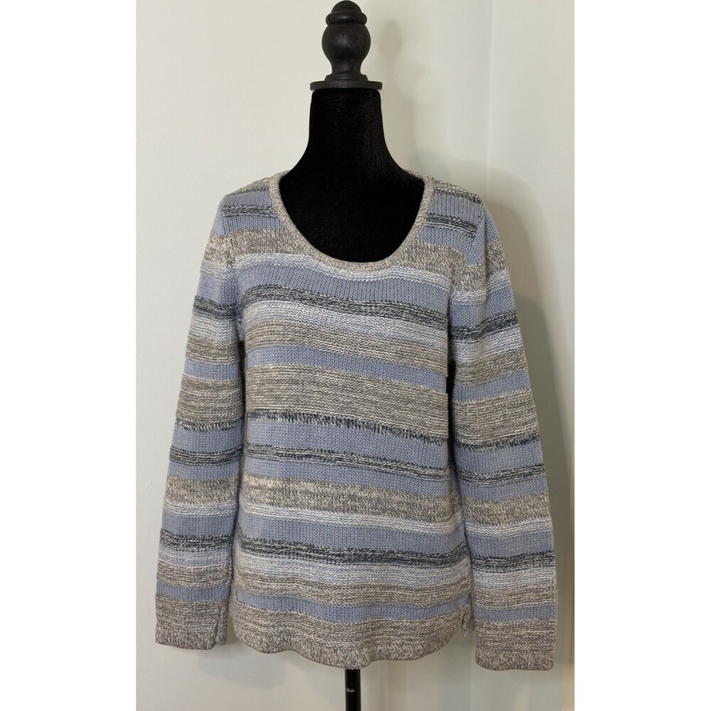 LL Bean 100% Cotton Blue/Grey Striped Crewneck Sweater Coastal Preppy Size PM
